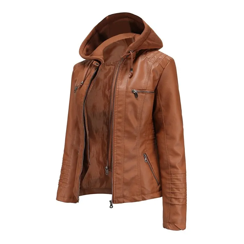 Autumn Winter Pu Faux Leather Jacket Black Women Street Moto Biker Leather Coat Hooded Jacket Lady Oversize Casual Outerwear