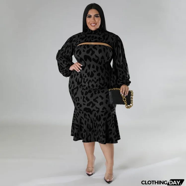 Plus Size Print Long Sleeve Short Pullover And Tube Top Dress Two Piece Set