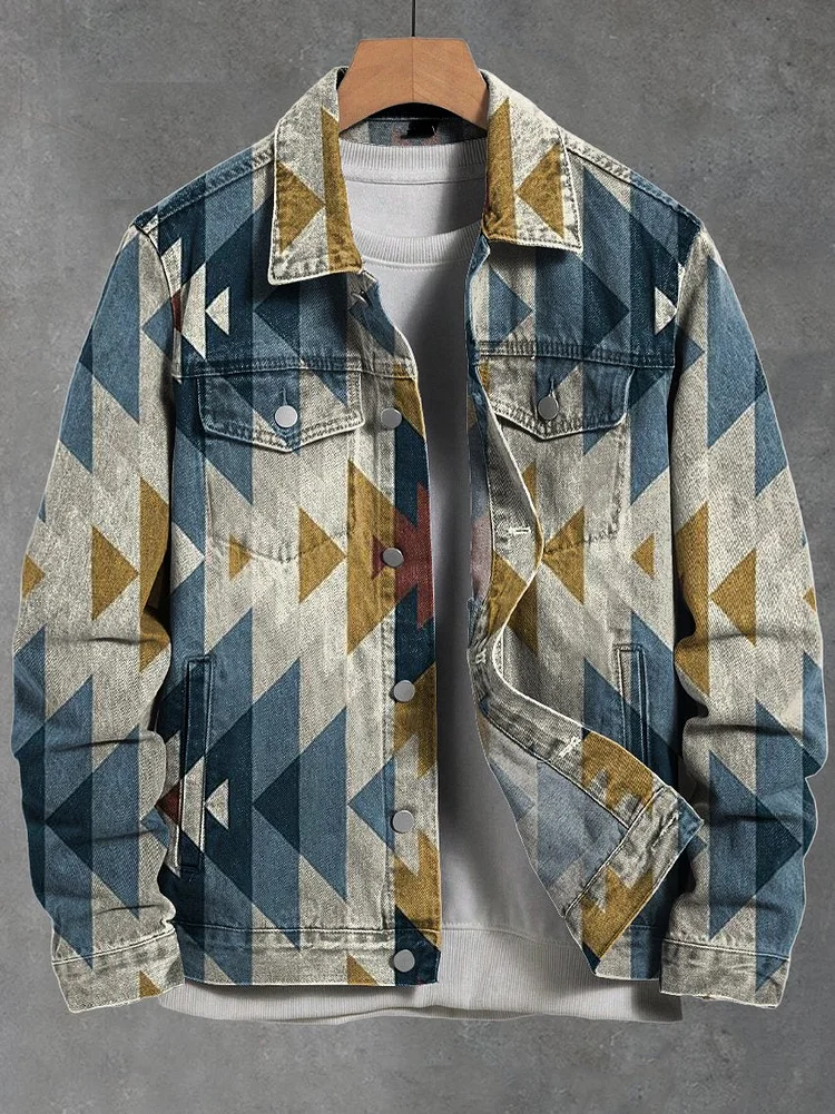 Ethnic Geometric Pattern Vintage Print Casual Denim Jacket