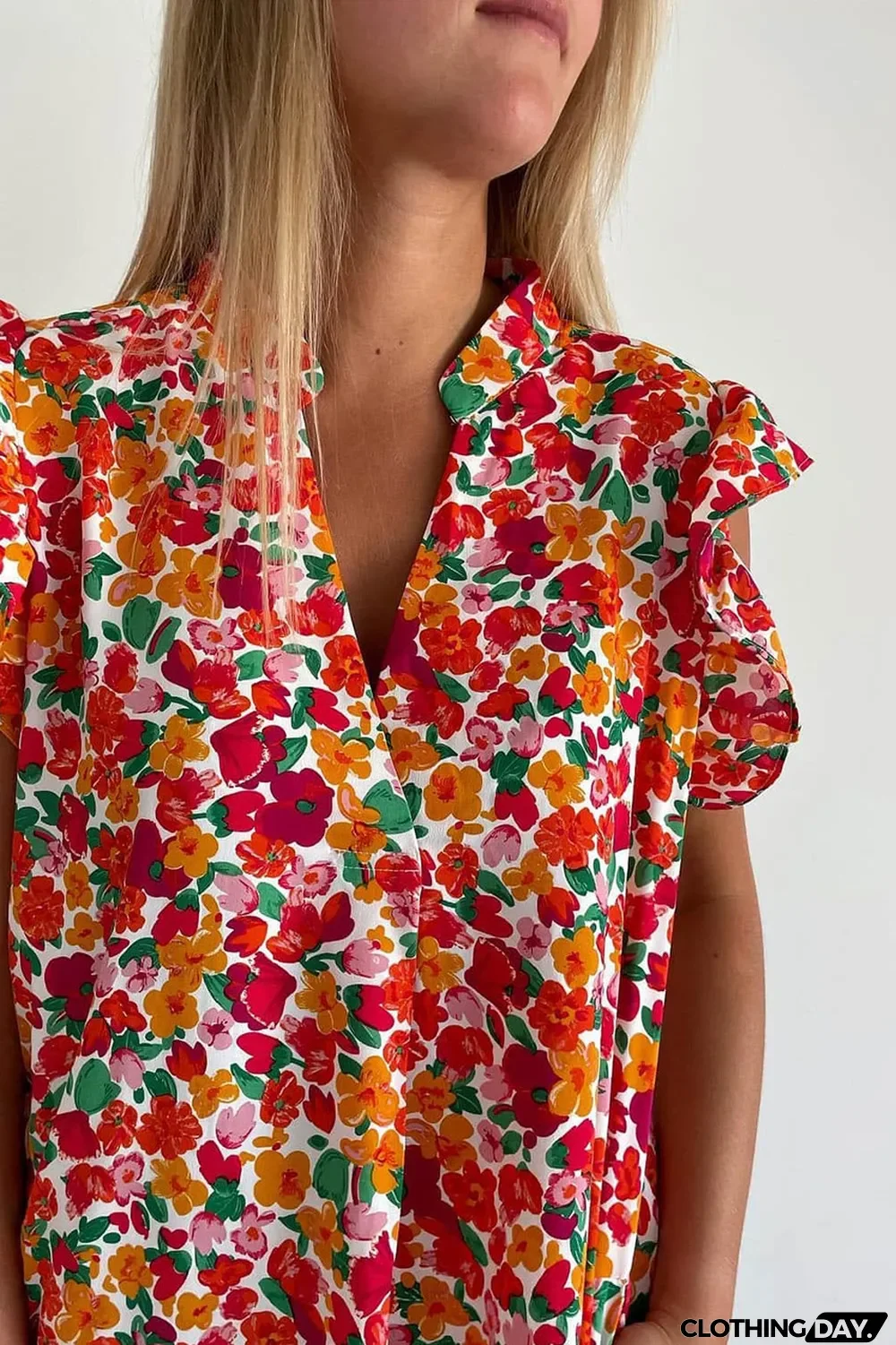 Red Ruffle Sleeve V-Neck Floral Dress