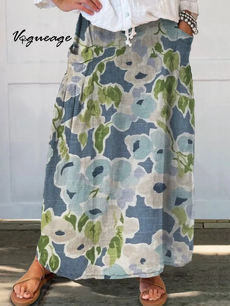 Casual Simple Plain Flowers Printed Women's Casual Cotton And Linen Skirt