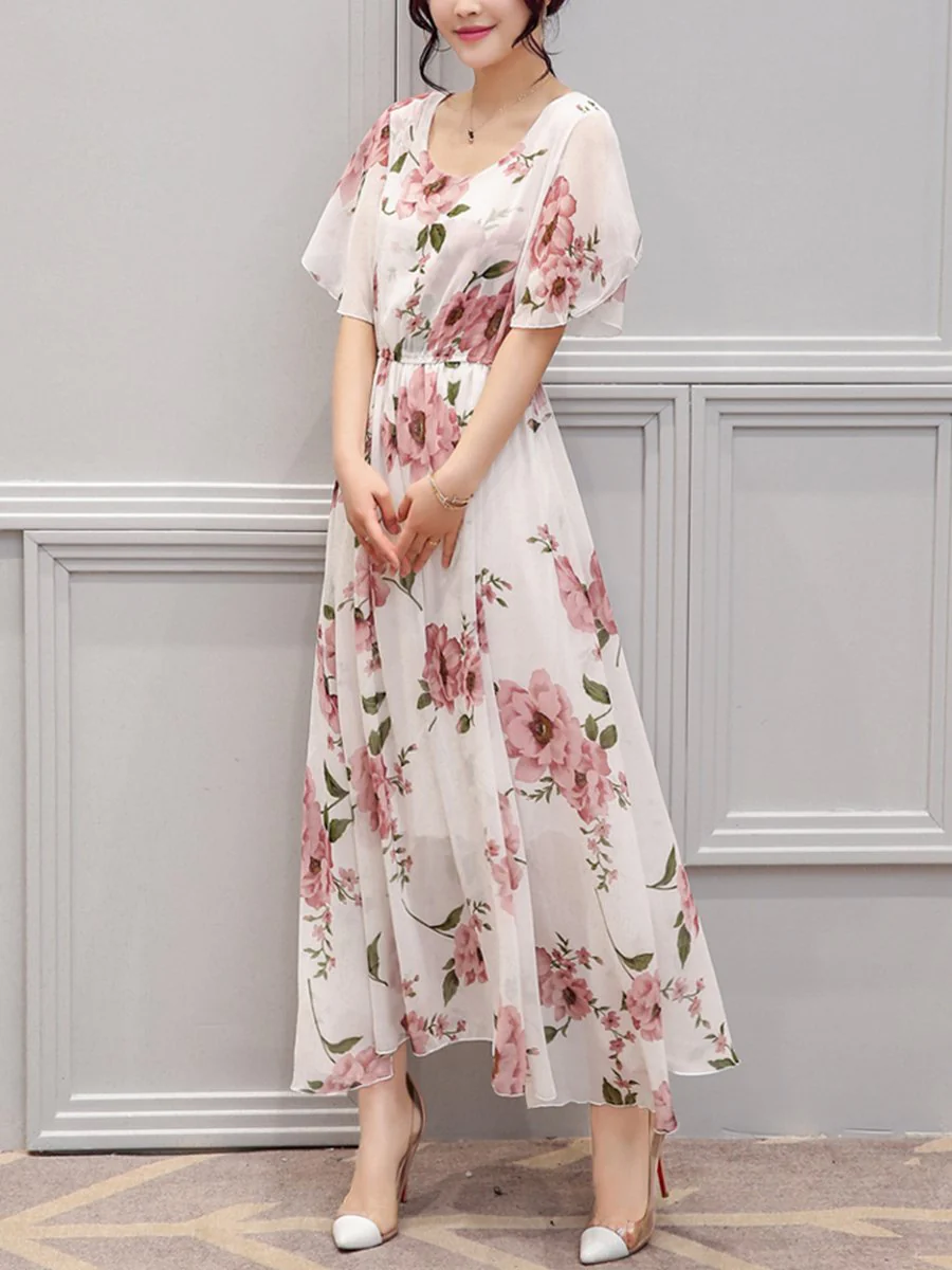 Chic Round Neck Floral Printed Chiffon Maxi Dress