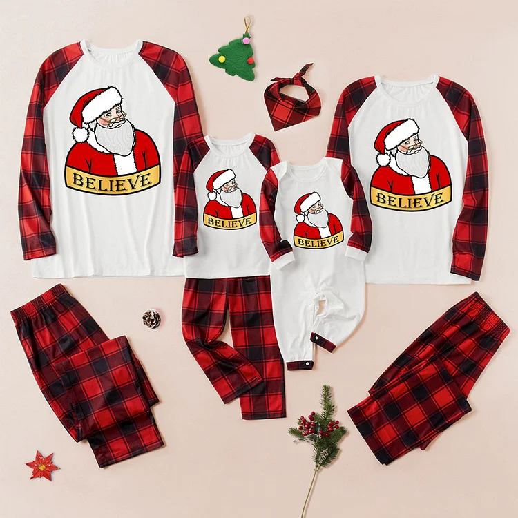 'Believe' Santa Cartoon Print Red Plaid Family Matching Pajamas Set