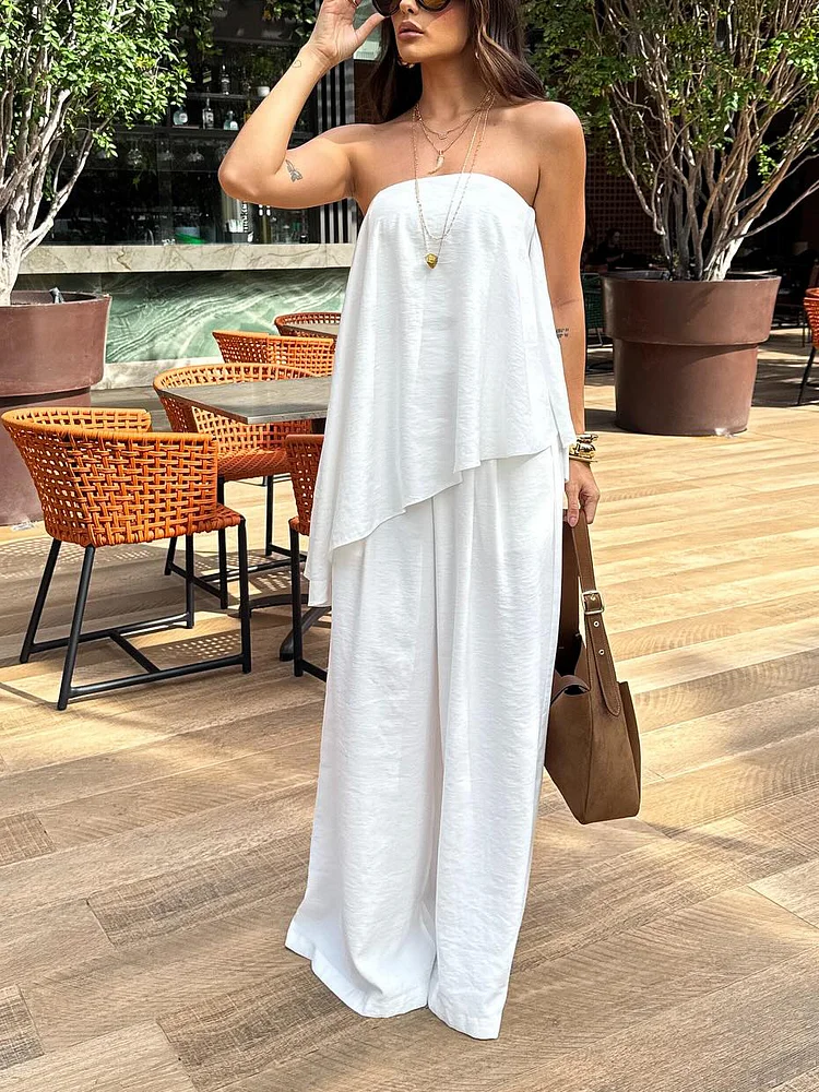 White Strapless Layered Top & Wide-leg Pants Set