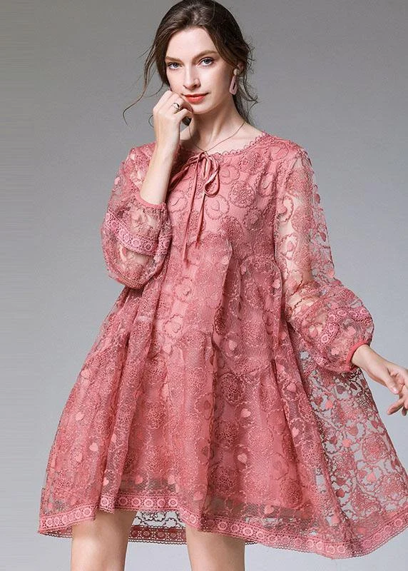 Classy Pink Fashion Spring Lace Party Dress Long Sleeve