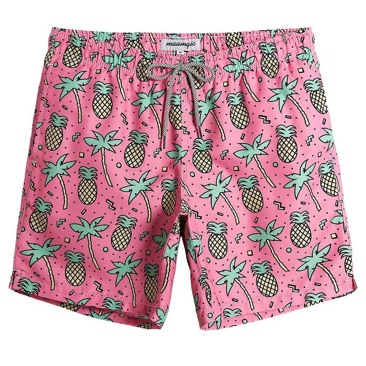 7 Inch Inseam Pineapple Pattern Mesh Liner Swim Trunks