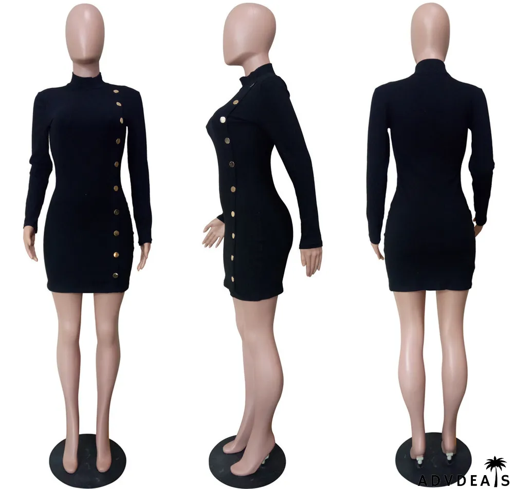 Solid Long Sleeves High Collar Slim Mini Dress