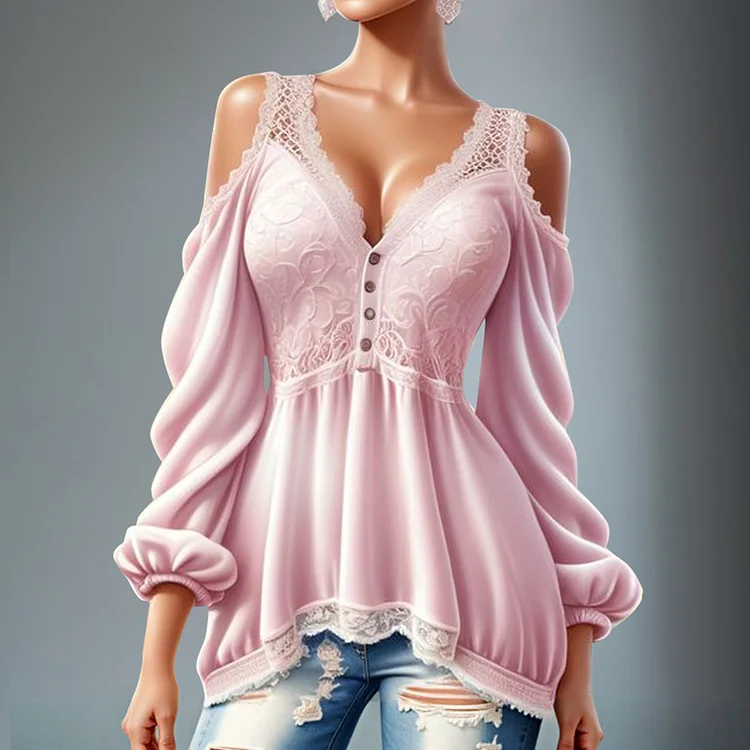 Ursime Lace Cold Shoulder Button Long Sleeve Blouse
