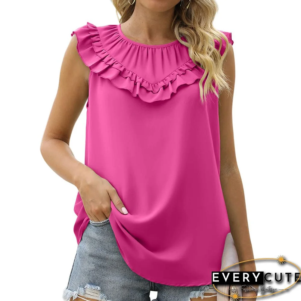 Rose Crew Neck Pleated Sleeveless Ruffle Top