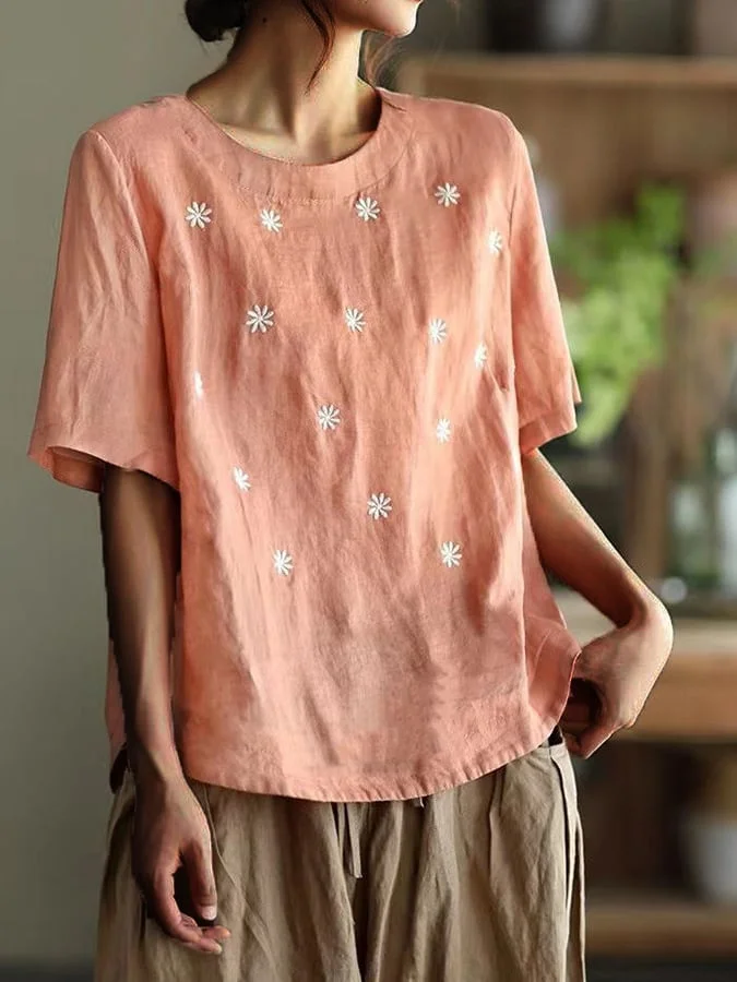 Stylish Retro Embroidered Cotton Linen Shirt