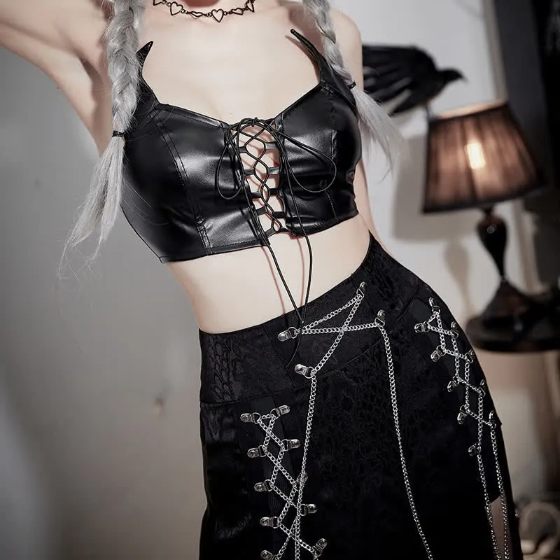 Gothic Little Demon PU Lace Up Crop Top