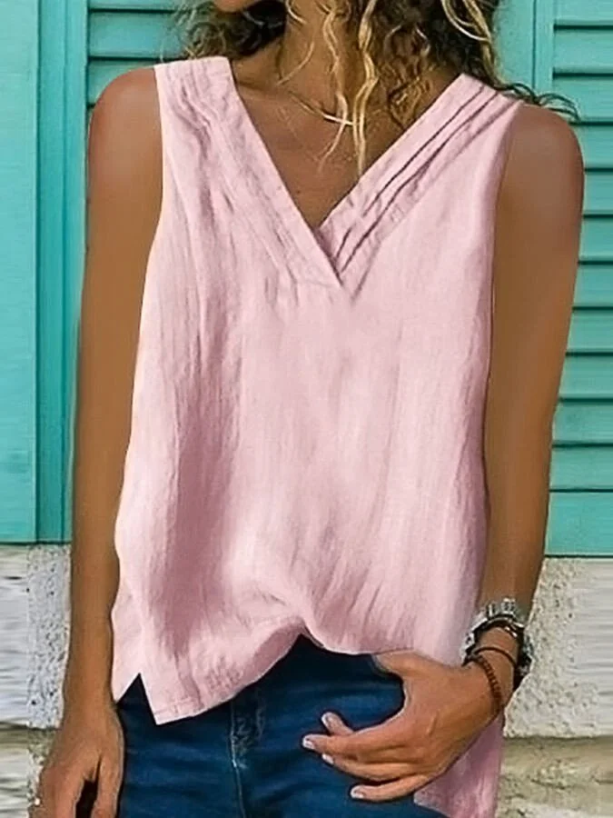 Ladies Cotton Linen V-Neck Hem Bifurcated Sleeveless Shirt