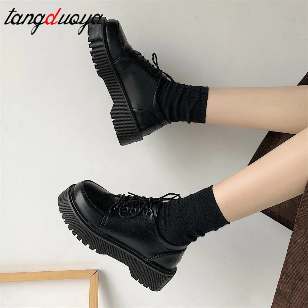 Small Leather Vintage Shoes Women 2022 autumn Comfortable Lace Up Platform Oxford Loafers Casual College Student Shoes