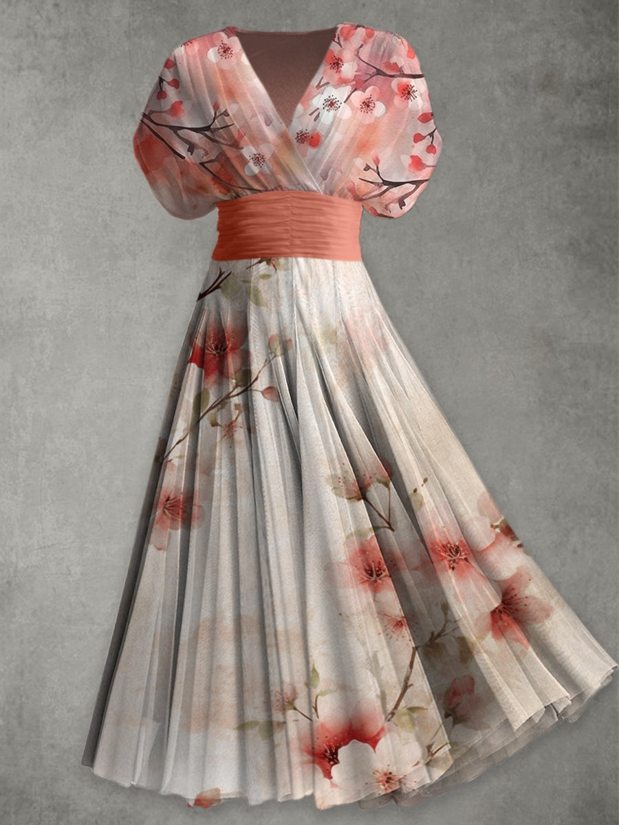 Retro Floral Print Elegant V-Neck Chic Short Sleeve Maxi Dress