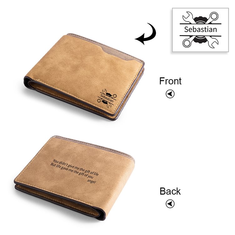 Custom Text Wallet with Name Tools Pattern Engraved on The Front - Gift for Him