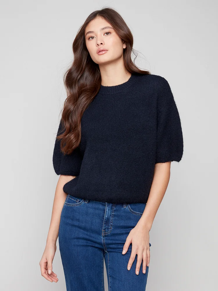 Balloon Elbow Sleeve Knit Sweater - Moonlight