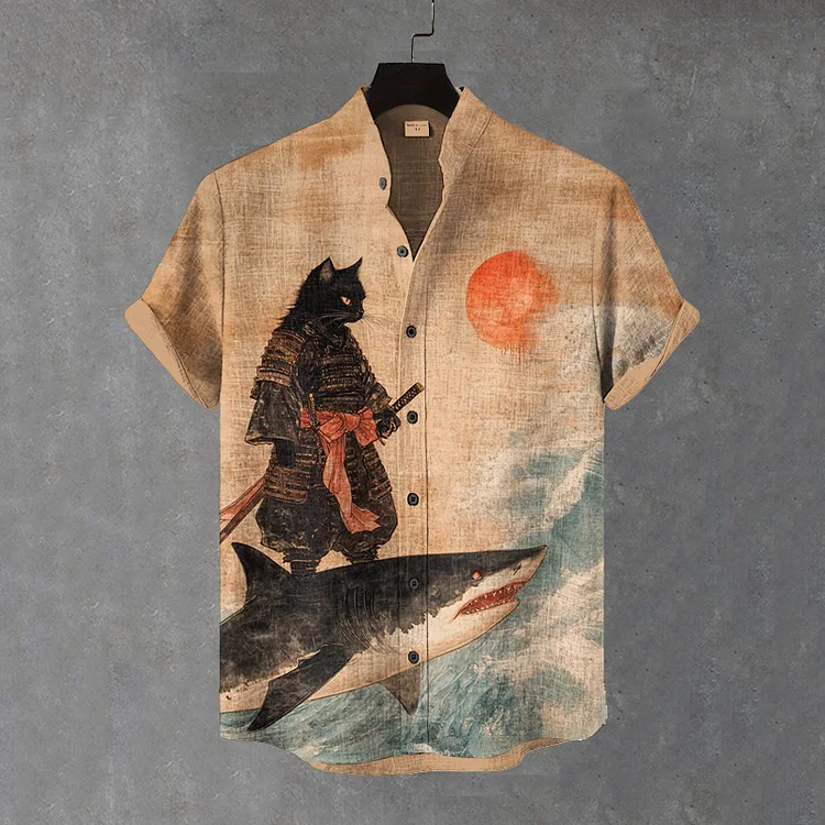 Men's Black Cat Samurai Surf Shark Art Print Shirt