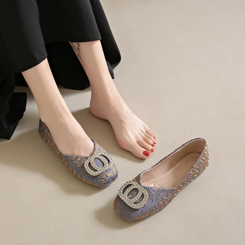 Yyvonne Water Drill Shallow Mouth Single Shoes Women's Head Flat-Soled Single Shoes Women's Spring New Folds Comfortable Soft Bean Bean Shoes