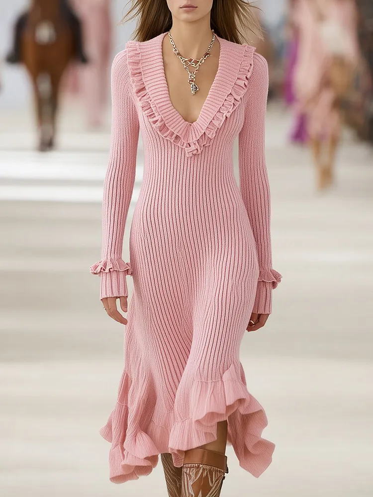 Elegant Pink Knitted Patchwork Ruffled Bell Sleeve Midi Dress
