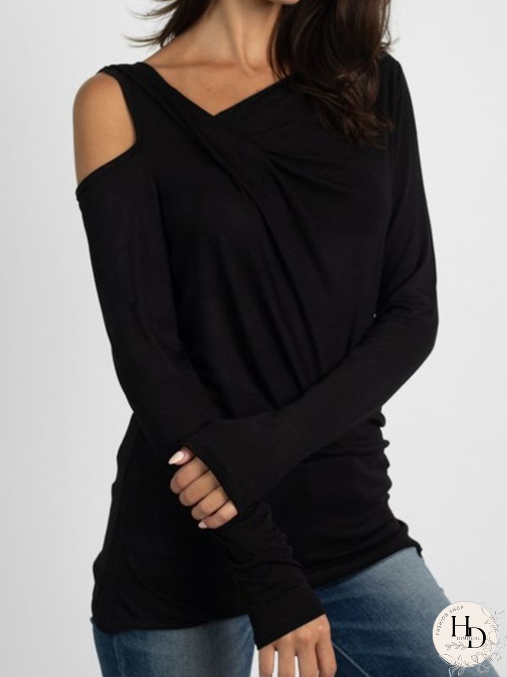 Long Sleeve Cotton-Blend Solid One Shoulder T-shirt