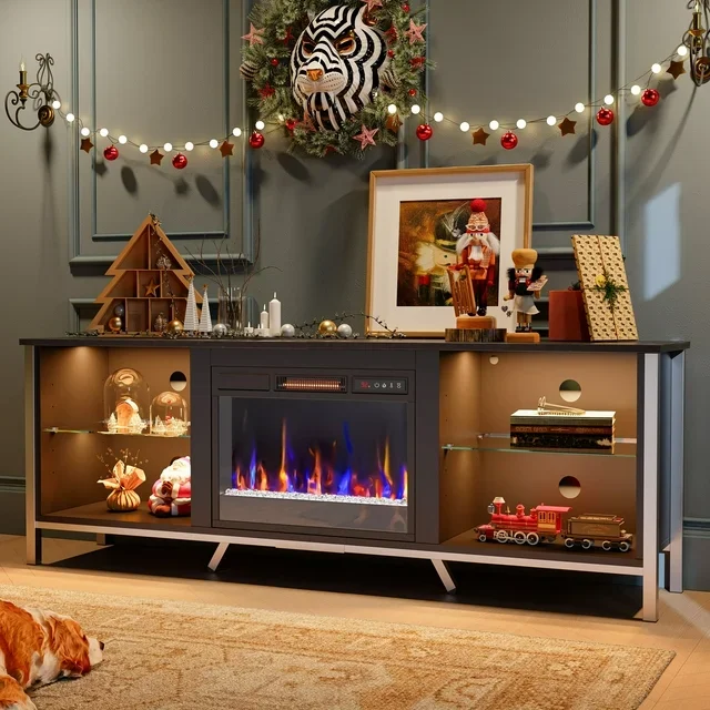 Bestier 70" Electric Fireplace TV Stand for TVs up to 80" LED Entertainment center with 23" Fireplace, Black Marble