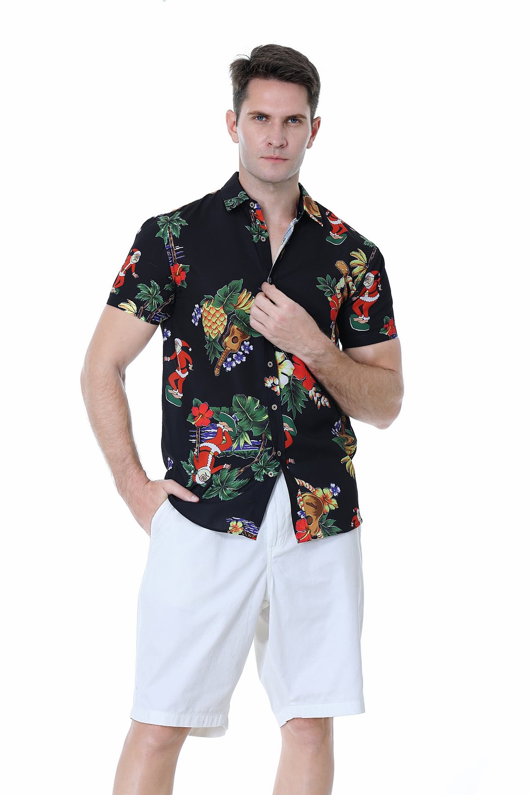 Men's Aloha Beach Shirt Black Santa Alex Vando Fashion