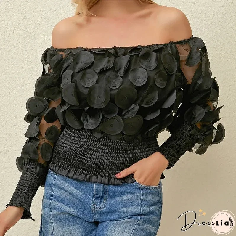 Sexy Off Shoulder Womens Tops And Blouses Mesh Sheer Puff Sleeve Tops Summer 3D Flower Vintage White Women Shirt Blouse 210308
