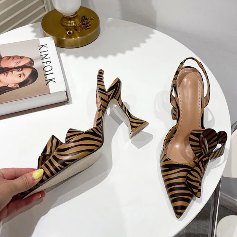 2022 New Zebra Pointed Toe Women Pumps Fashion Butterfly-knot Slingback High Heels Sandals Strange Style Wedding Bride Shoes