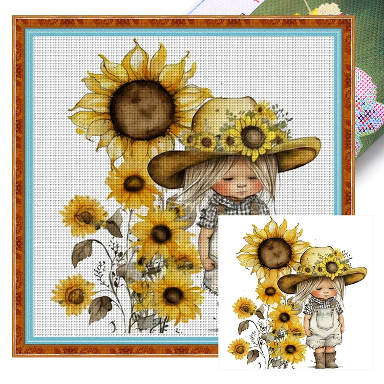 【Huacan Brand】Sunflower Denim Baby 18CT Stamped Cross Stitch 25*25CM