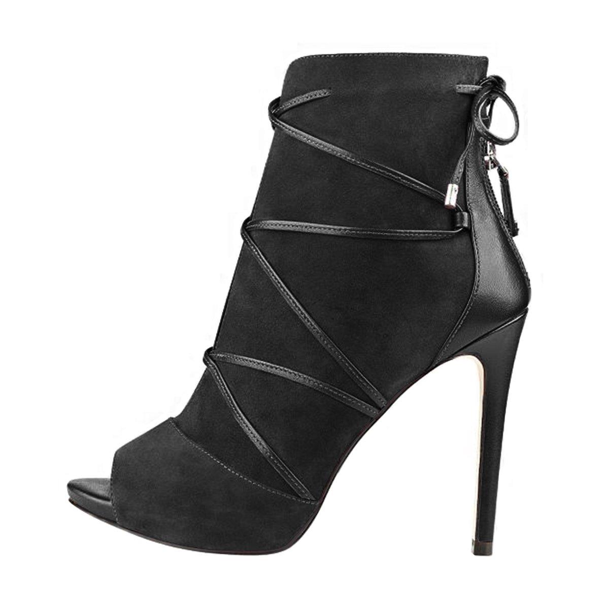 Full Black Peep Toe Suede Summer Boots Lace Up Stiletto Heel Ankle Boots Nicepairs