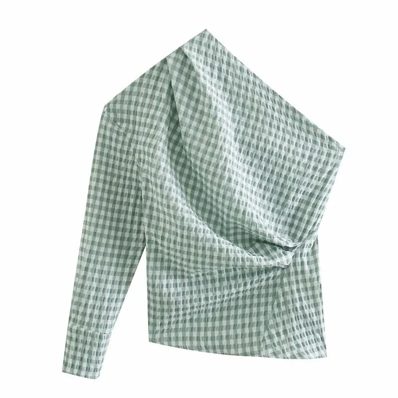 PUWD Elegant Woman Blue Plaid One-Shoulder Shirts 2021 Spring Fashion Female Irregular Skew Collar Tops Ladies Streetwear Top