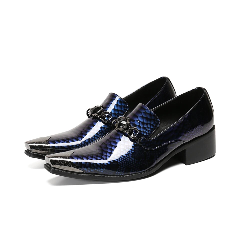 VCSHOES Blue Pattern Real Leather Men Shoes Metal Square Toe Formal Dress Shoes Men Large Size 38-47 Business Party Brogue Shoes