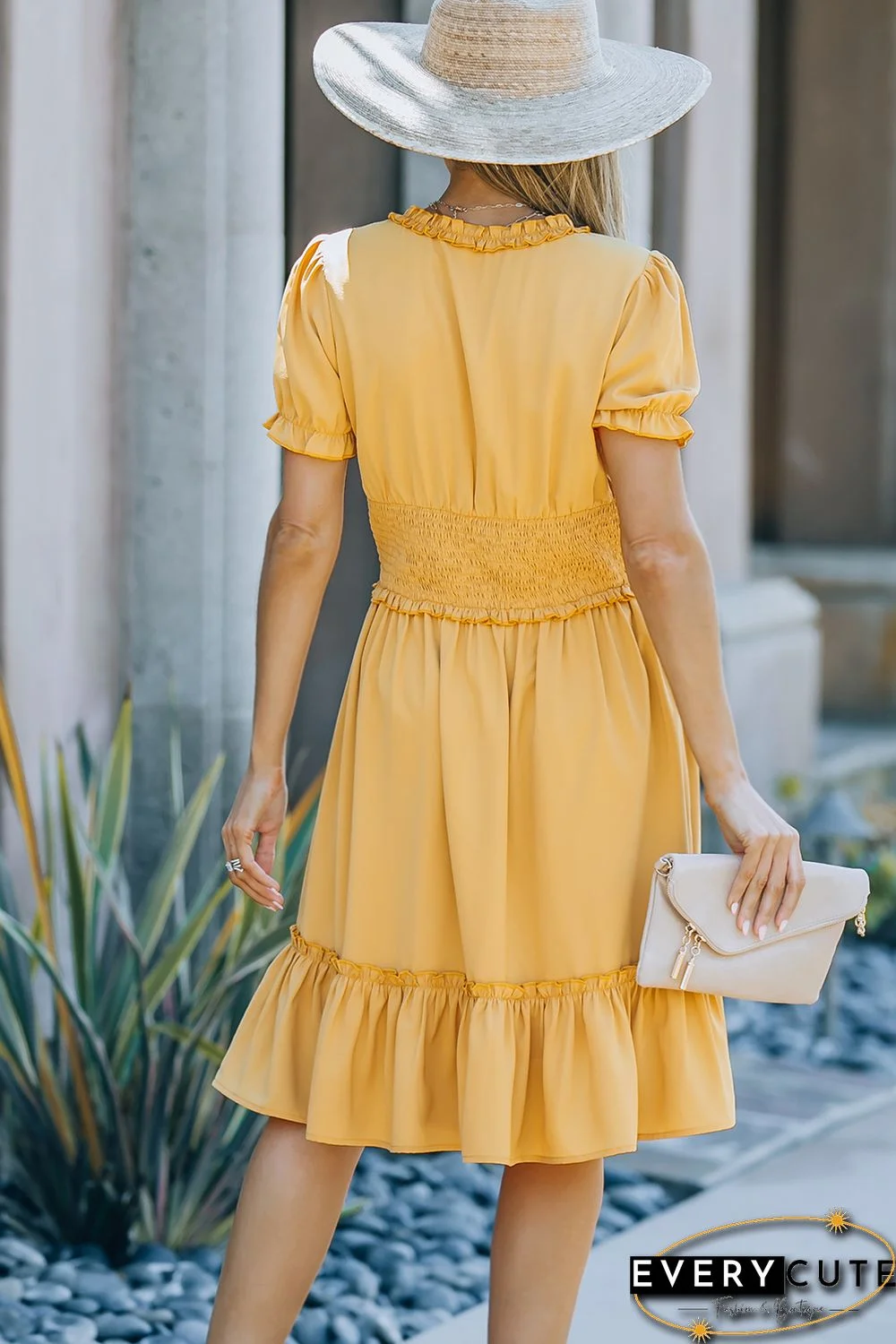 Yellow Frilled Shirred High Waist V Neck Midi Dress