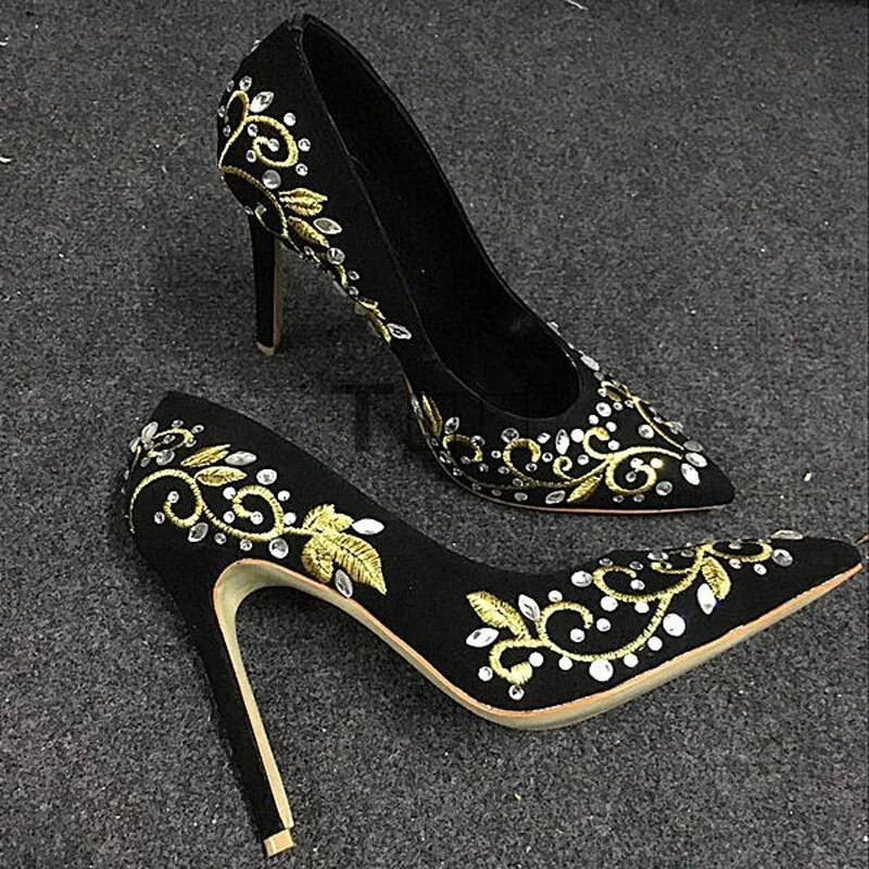 VCSHOES Gold Silver Floral Embroidery With Rhinestone Pumps Pointed Toe Black Suede Woman Wedding Banquet Shoes