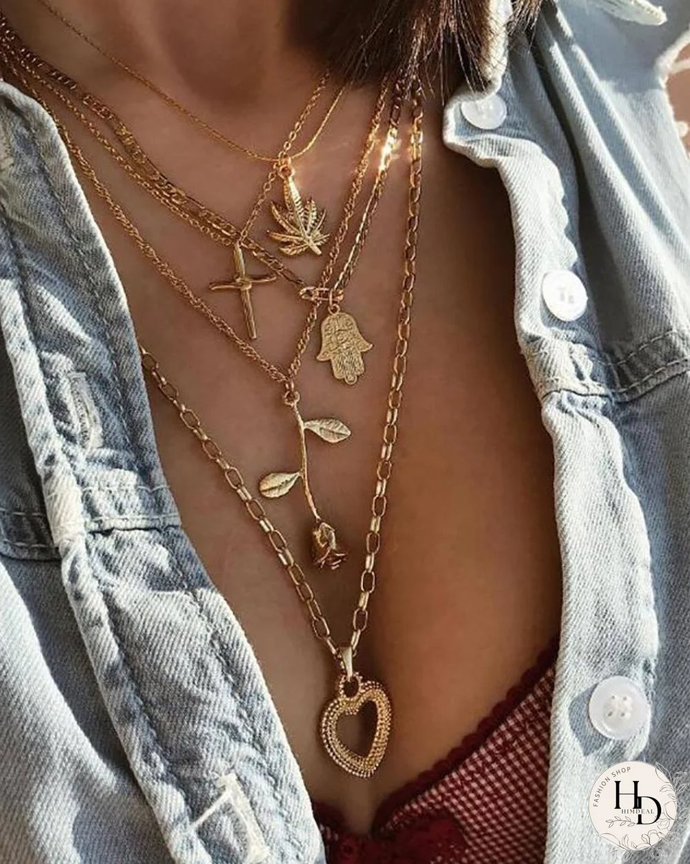5PCS Heart & Floral & Cross Pendant Layered Necklace