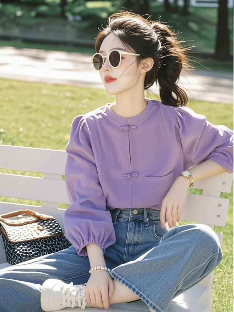 Athvotar Athvotar Chinese Style Buckle Round-Neck Shirt For Women In Spring 2025 New Ocean Design Purple Long-Sleeved Top