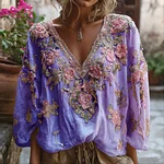 Bohemian Three-dimensional Pink Floral Sequin V-neck Long-sleeved Top - Image 6