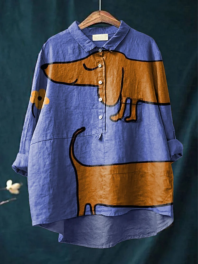Women's Fun Cartoon Dachshund Pattern Casual Cotton Linen Shirt