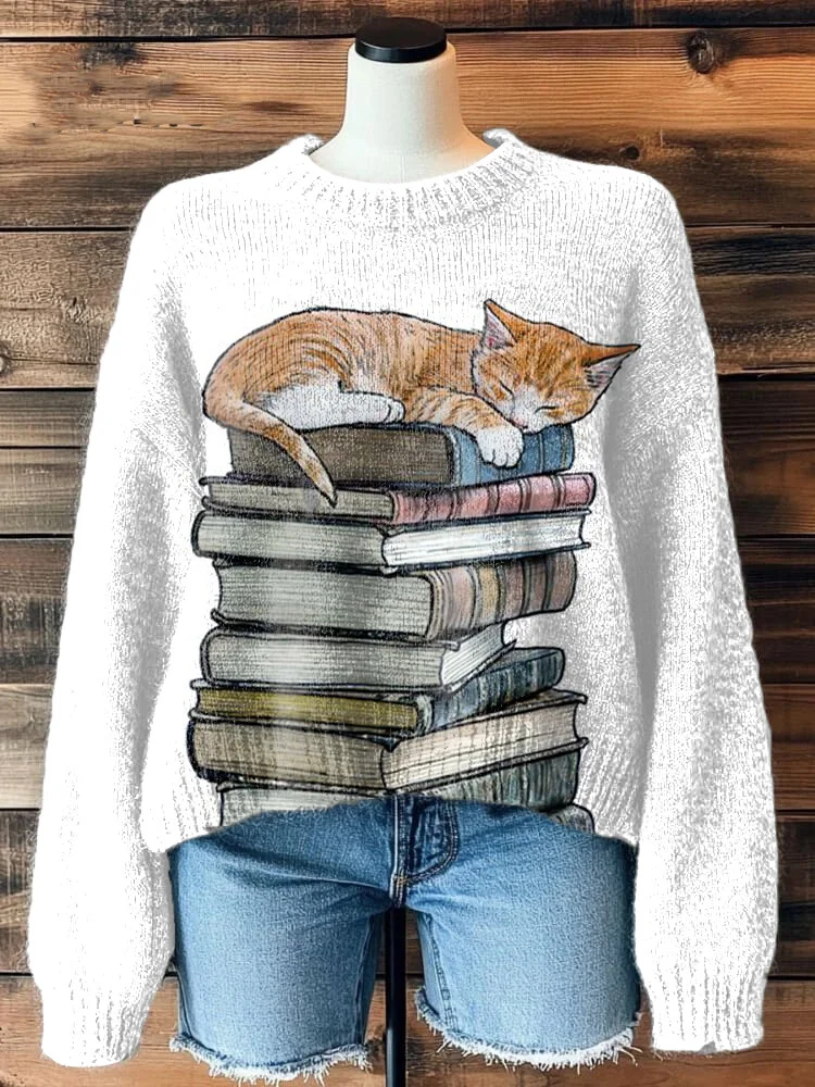 Women's Orange Cat Sleeping On Books Print Knit Sweatshirt