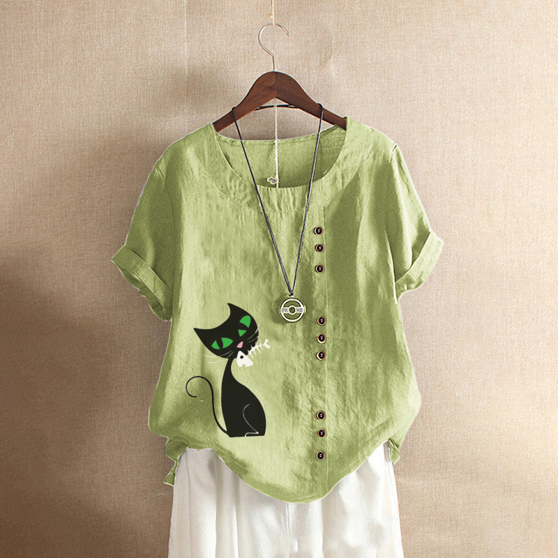 Groksage Woman Blouse 2025 Summer Retro Casual Loose Fitting Cotton And Linen Short Sleeved Pullover Shirt Ladies Botton Cat Print Tops