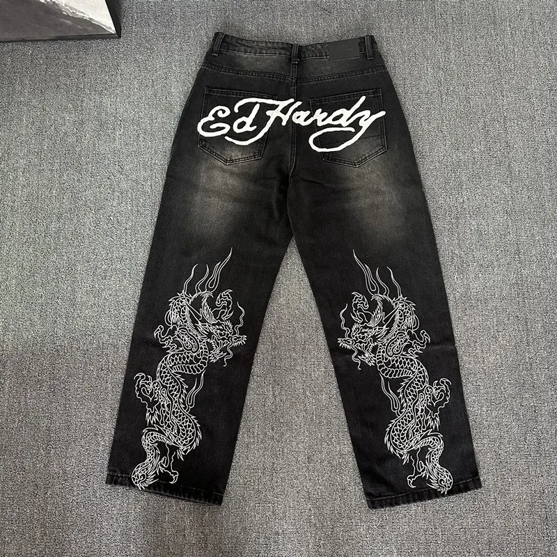 Men's Fashion Y2k Retro Japanese Dragon Pattern  Baggy Jeans elevenforest
