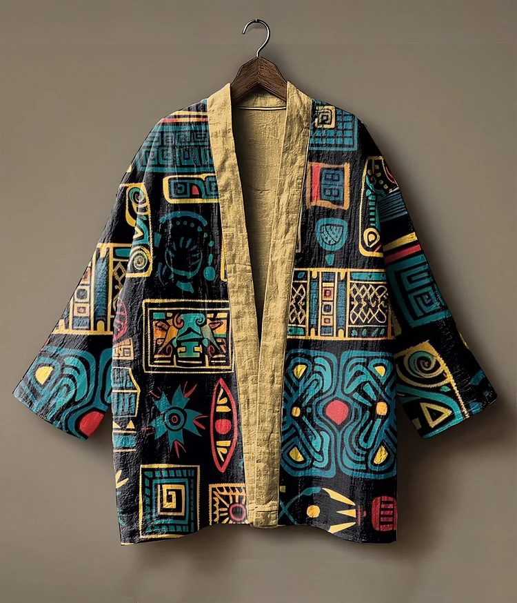 Ancient Egyptian art printed linen and sweater-like blouse