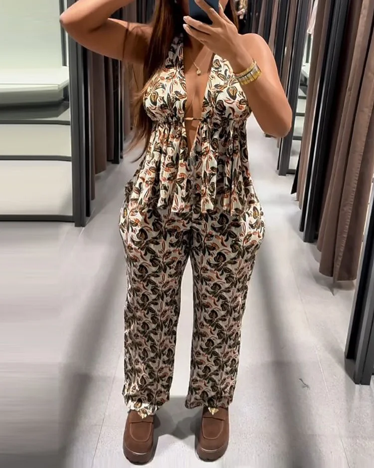 Sleeveless printed casual two-piece suit