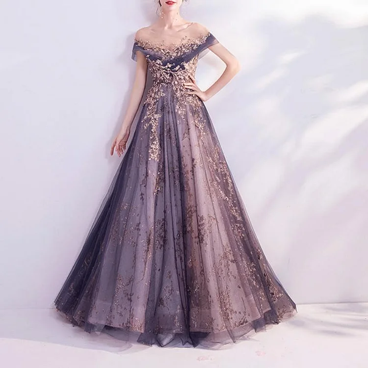 Purple Off Shoulder Sequined Evening Dress SP14672