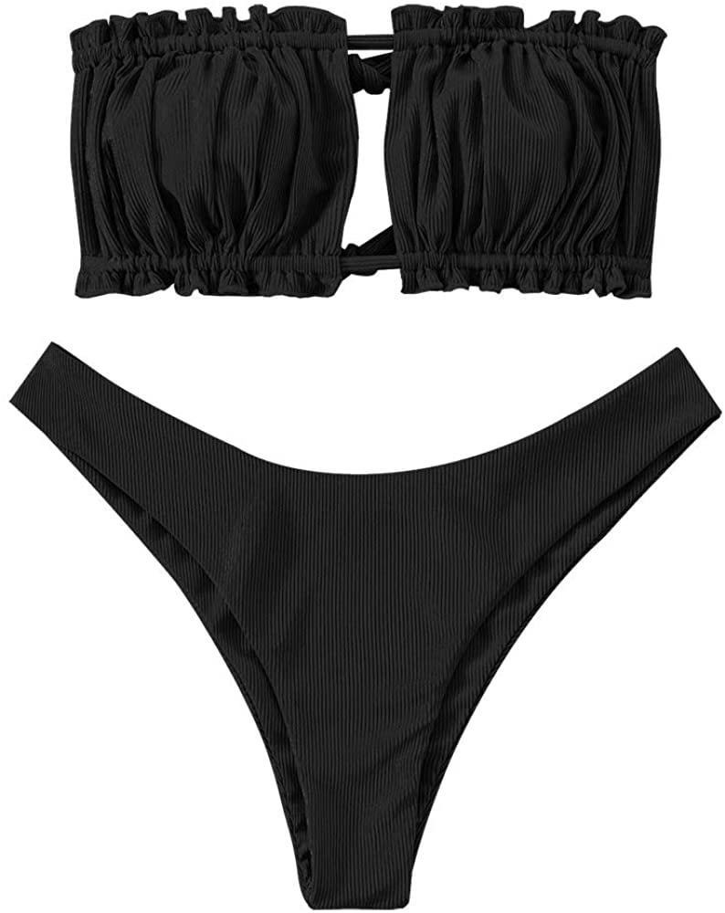 Women's Strapless Ribbed Tie Back Ruffle Cutout Bandeau Bikini Set Swimsuit