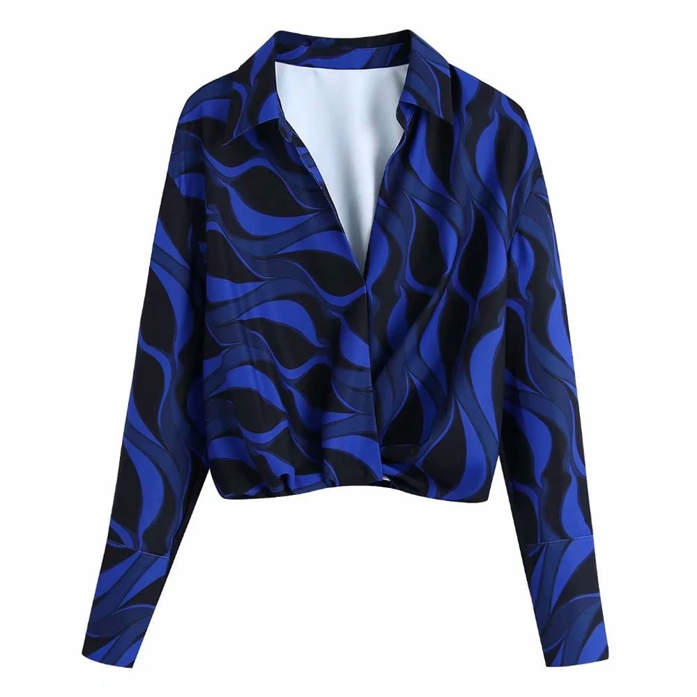TRAF Women Fashion With Knot Printed Crop Blouses Vintage Long Sleeve Elastic Hem Female Shirts Blusas Chic Tops