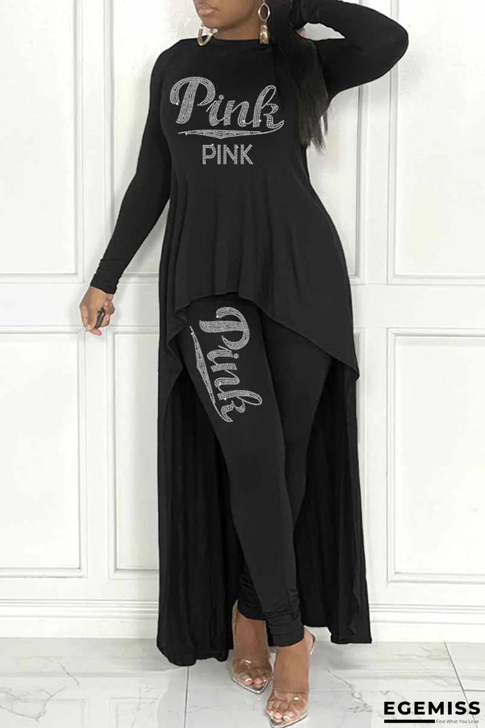 Black Elegant Letter Hot Drill Long Sleeve Two Pieces | EGEMISS