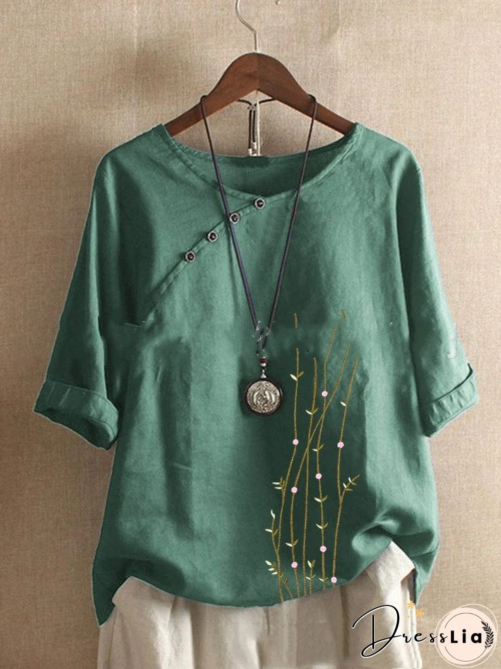 Women Casual Plants Printed 3/4 Sleeve Linen Tops