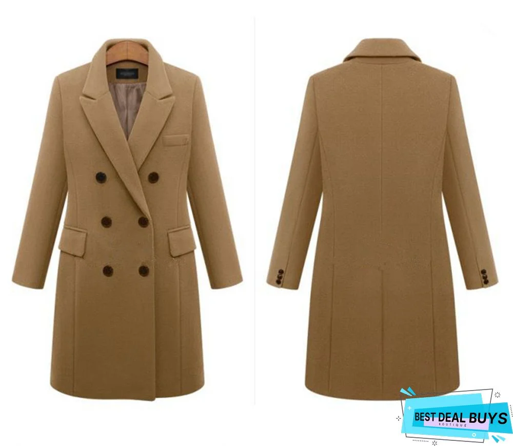 Autumn and Winter Solid Color Slim Long Coat Lapel Coat Women