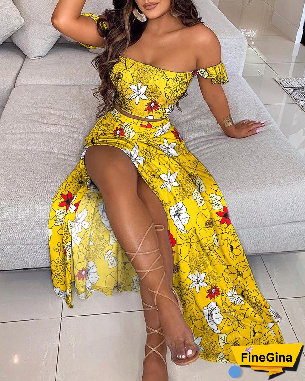 Off Shoulder Floral Print Ruffles Top & High Slit Maxi Skirt Set